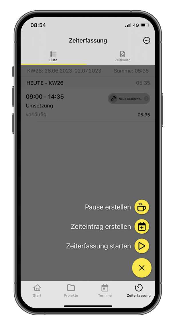 Handy Screen mit Hero Software Anwendung: Zeiterfassung